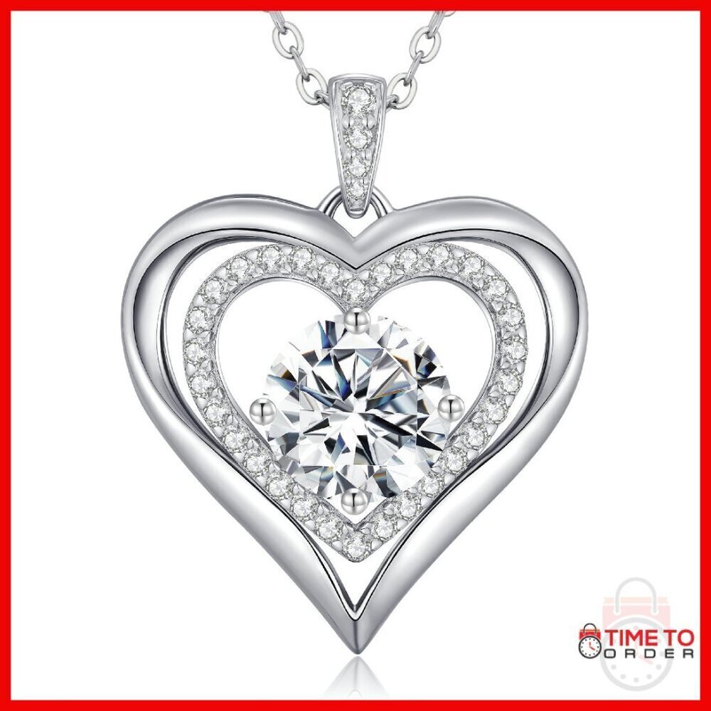 Sterling Silver Moissanite Heart Pendant Necklace 2 Carat 18 Inch